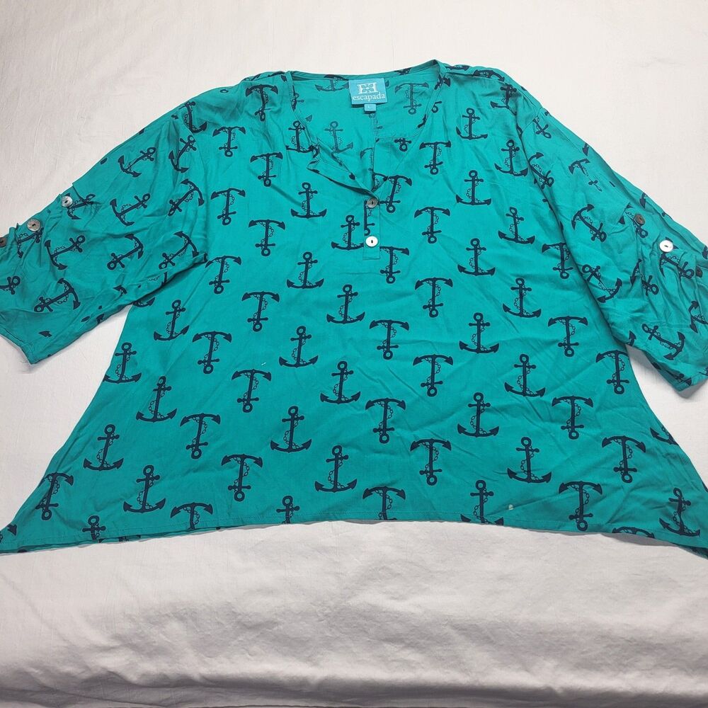 Escapada  LG Anchor Print Blouse Women's Green Casual Resort 3/4 Sleeve FLAW